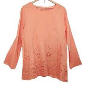 Light Pink Orange Floral Eyelet Lace Long Sleeves Tunic Top Shirt Blouse